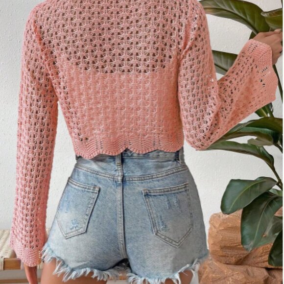 Pink Boho Crochet Knit Tie Front Cardigan Sweater Scallop Trim Cropped Top Small - Picture 3 of 16